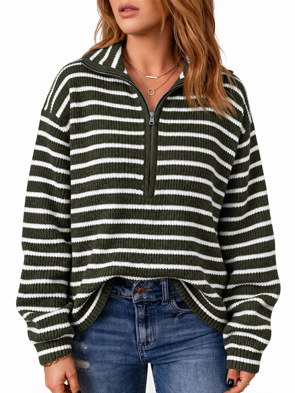 Saodimallsu Womens Striped Half Zip Sweater