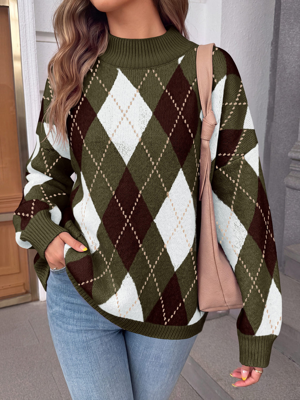 Saodimallsu Womens Oversized Argyle Fall Winter Sweater