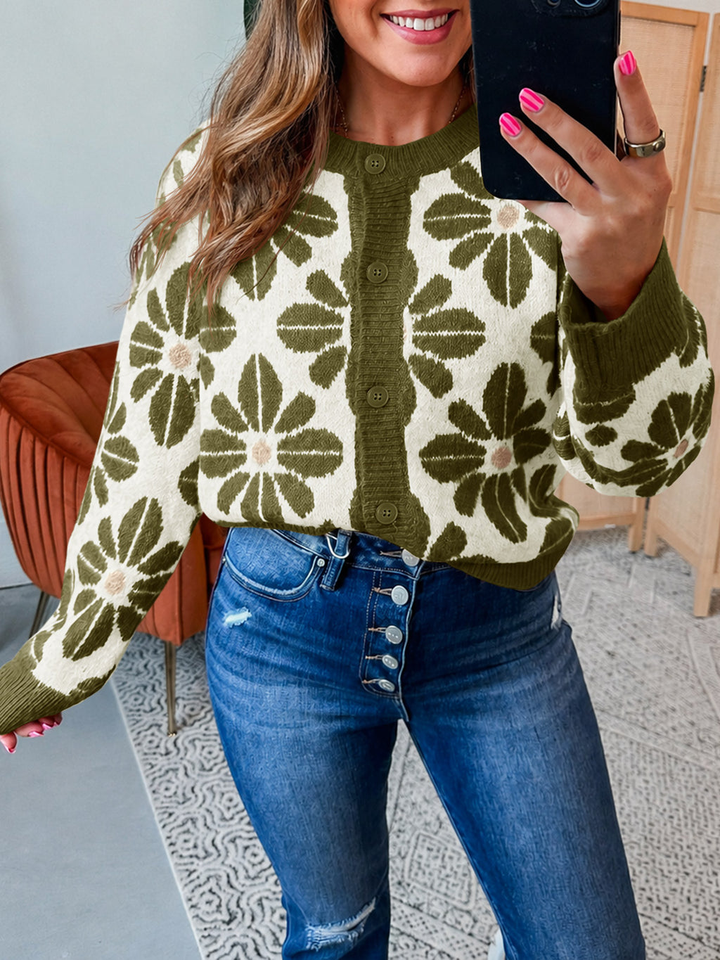 Saodimallsu Womens Floral Button Up Vintage Sweater