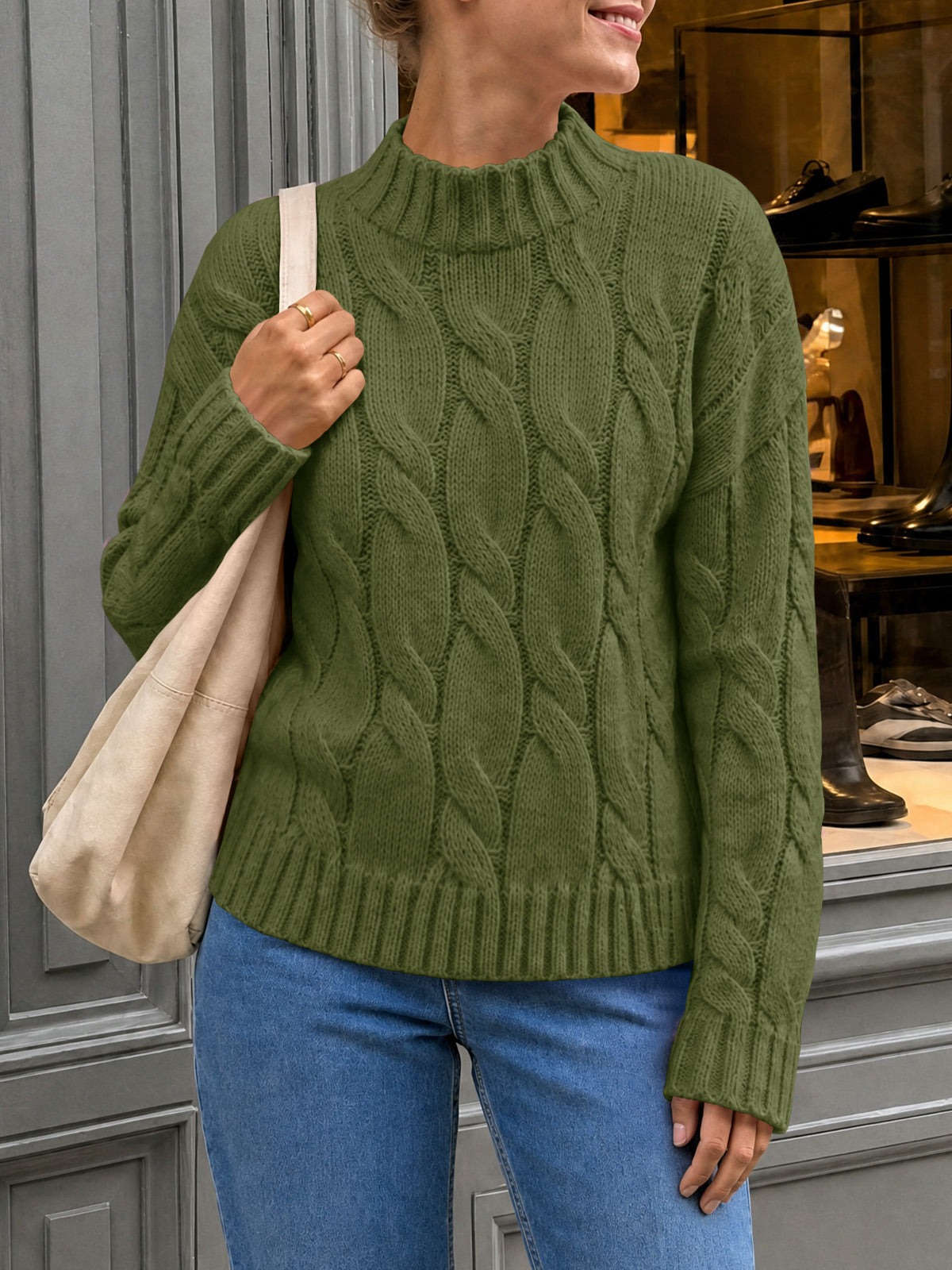 Saodimallsu Womens Mock Neck Cable Knit Sweater