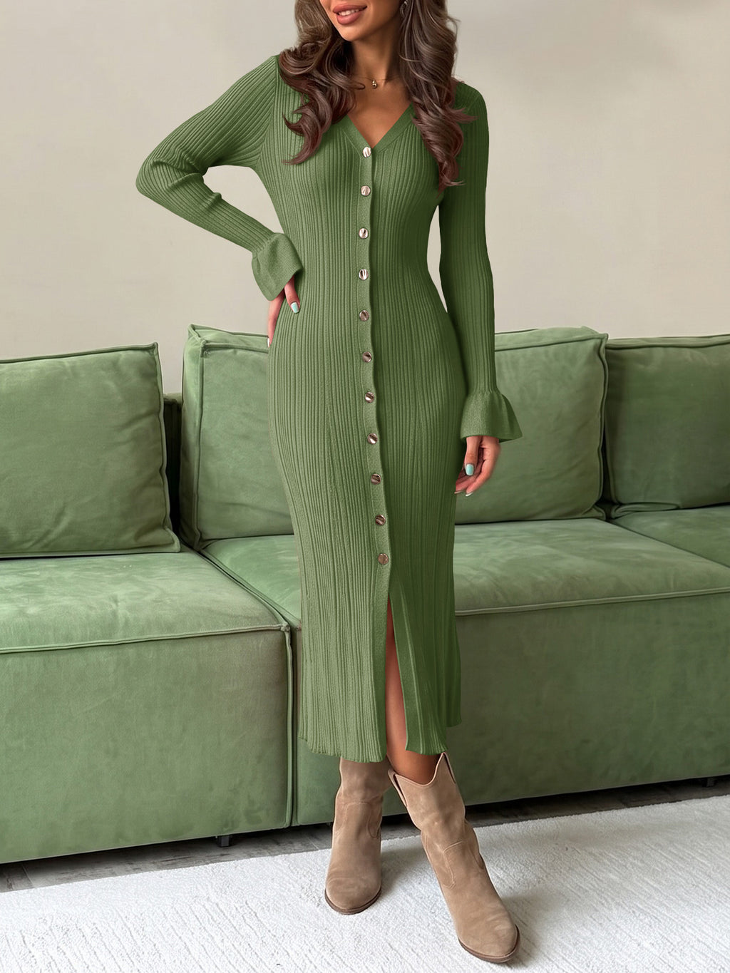 Saodimallsu Womens V Neck Midi Sweater Dress