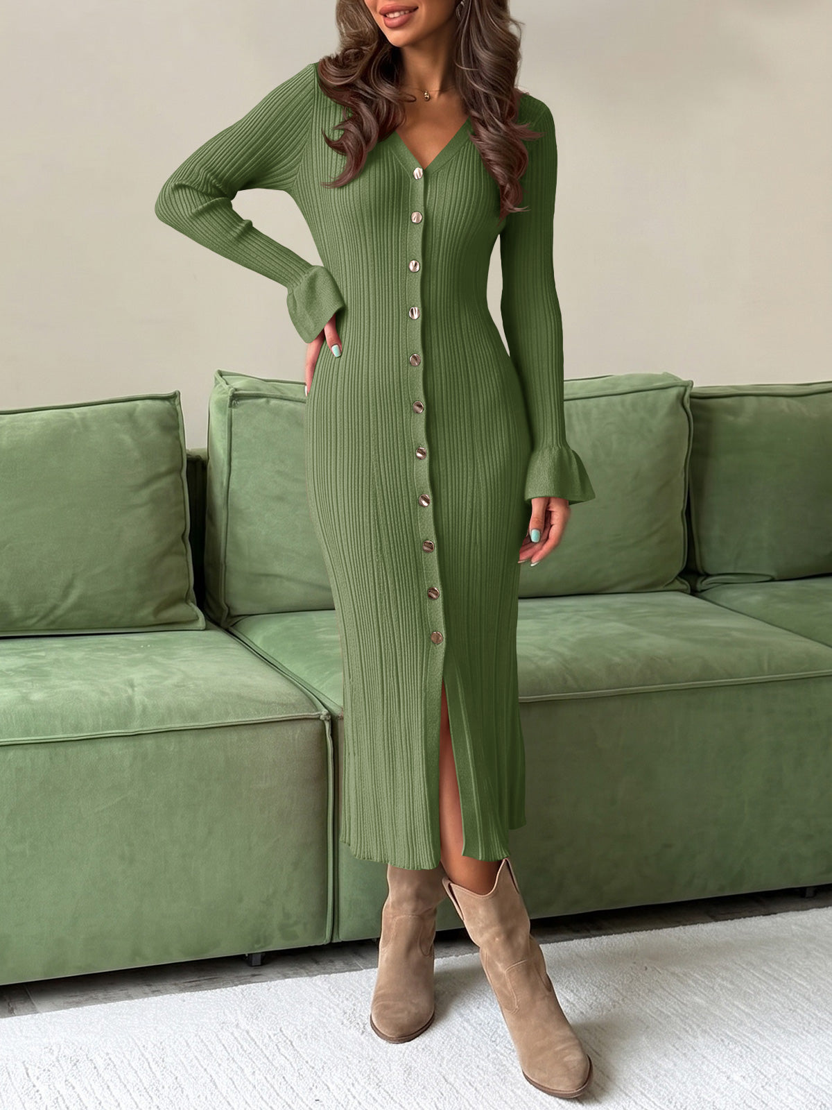 Saodimallsu Womens V Neck Midi Sweater Dress