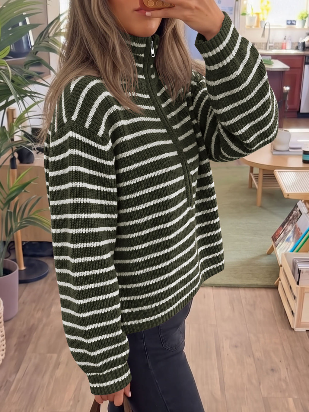 Saodimallsu Womens Striped Half Zip Sweater