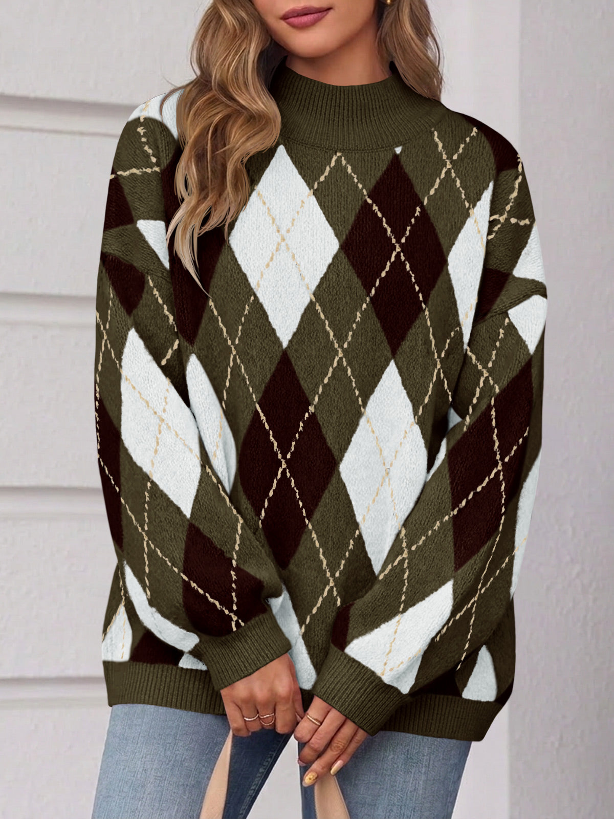 Saodimallsu Womens Oversized Argyle Fall Winter Sweater