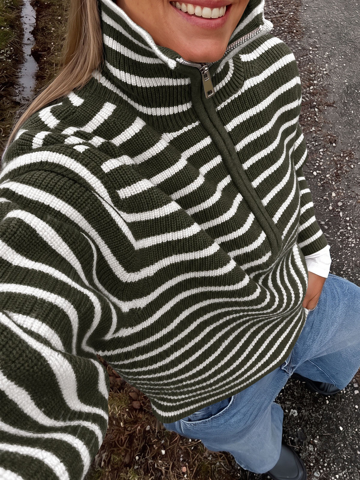 Saodimallsu Womens Striped Half Zip Sweater