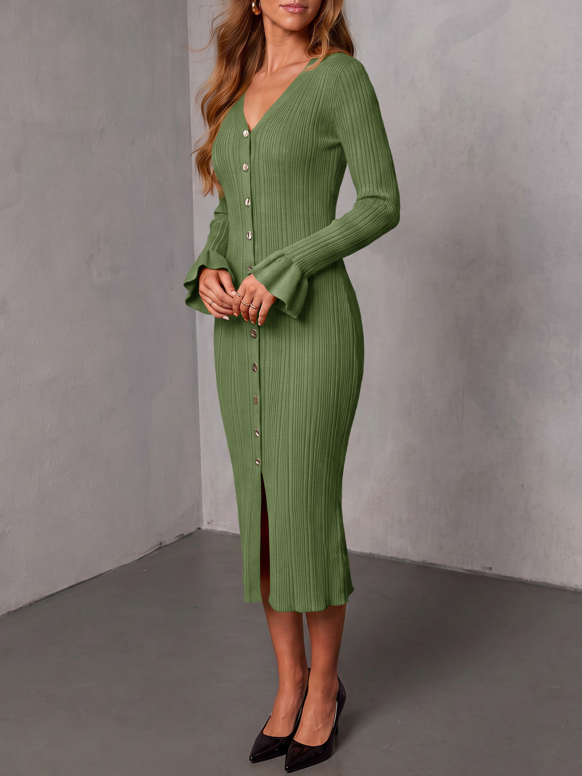 Saodimallsu Womens V Neck Midi Sweater Dress
