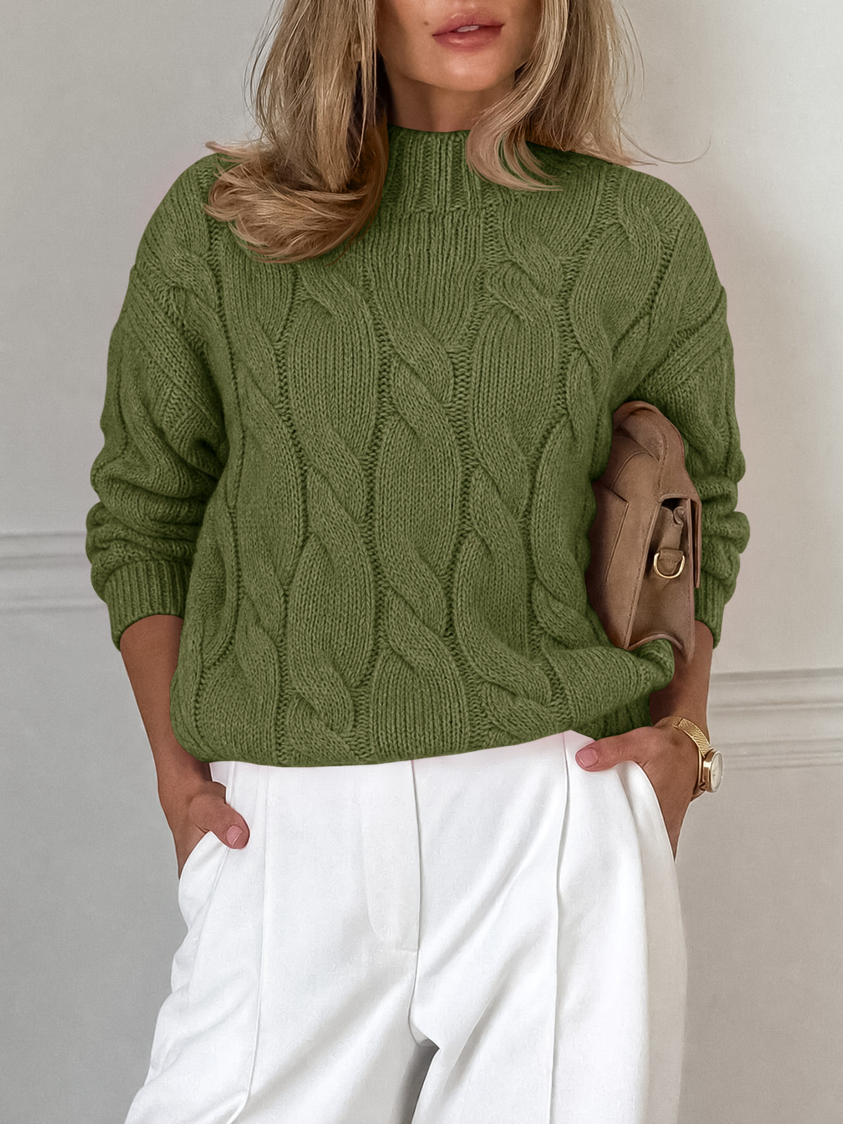 Saodimallsu Womens Mock Neck Cable Knit Sweater