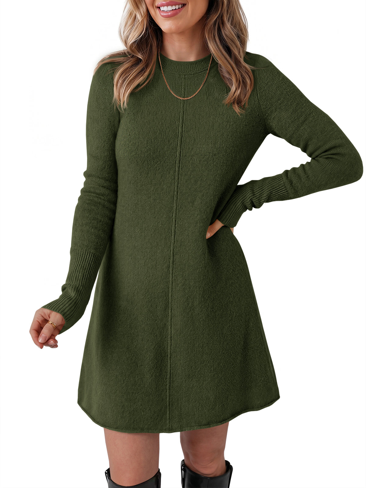 Saodimallsu Women Long Sleeve Knit Fit Flare Mini Sweater Dress