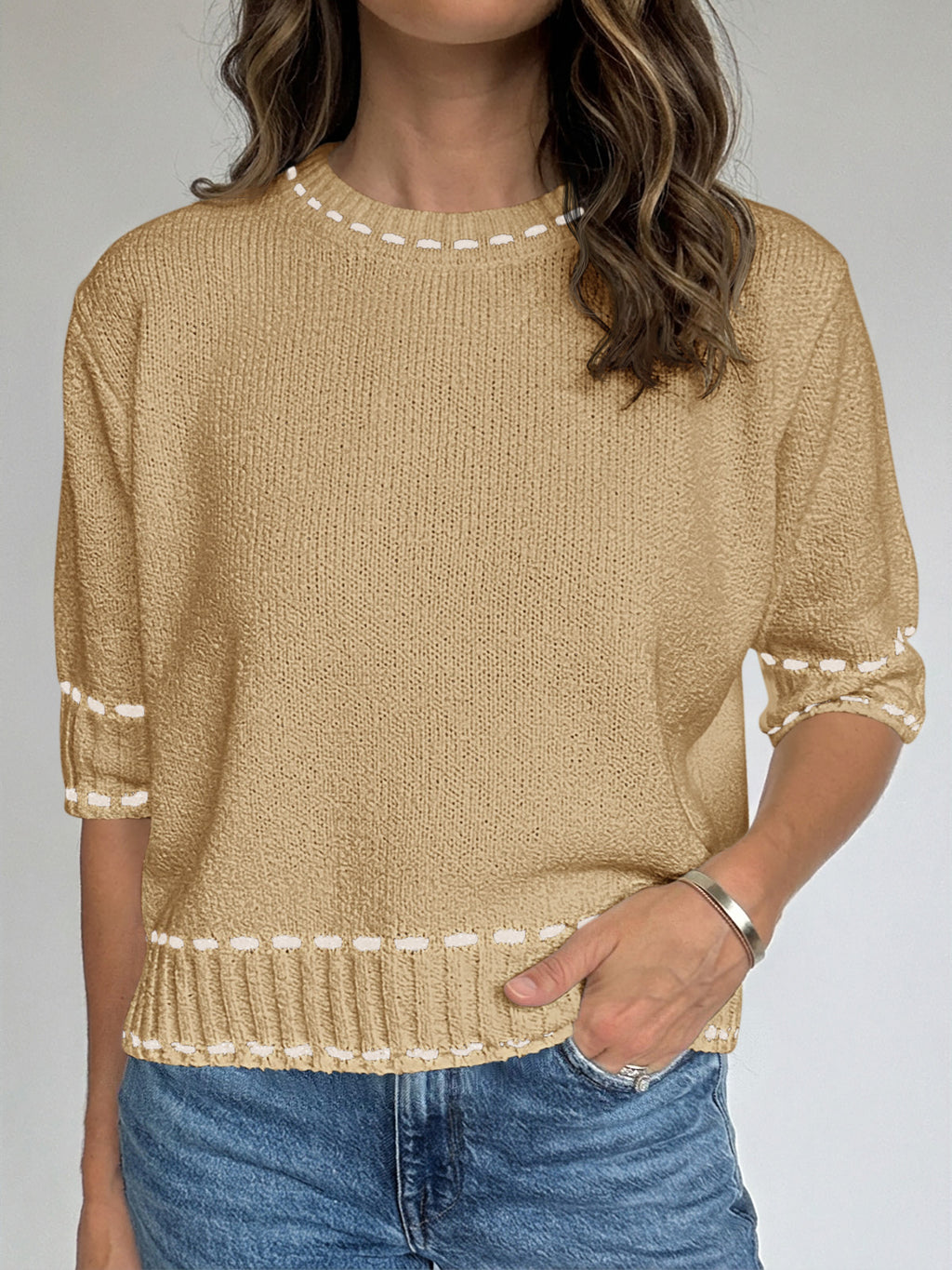 Saodimallsu Womens Cropped Crew Neck Knit Sweater