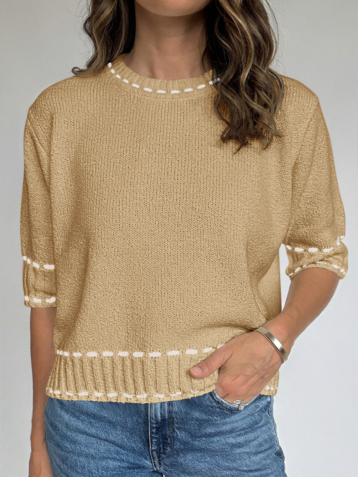 Saodimallsu Womens Cropped Crew Neck Knit Sweater