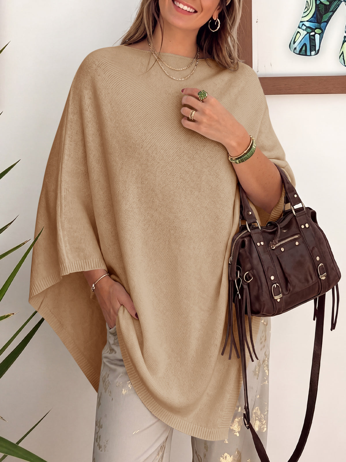 Saodimallsu Women Poncho Boat Neck Knit Sweater