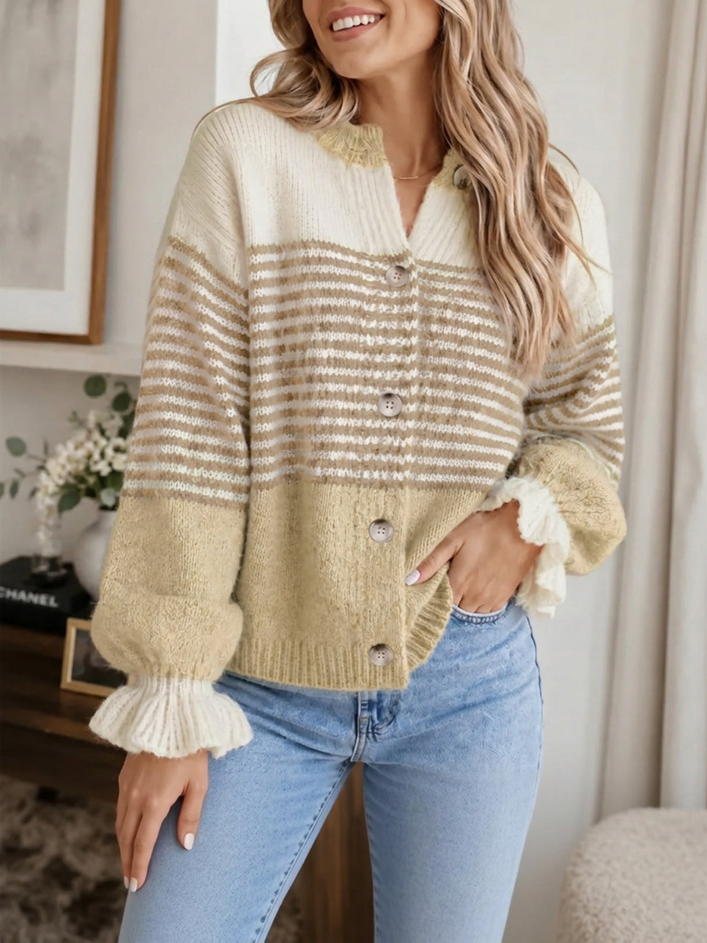 Saodimallsu Womens Striped Ruffle Sleeve Cardigan Coats