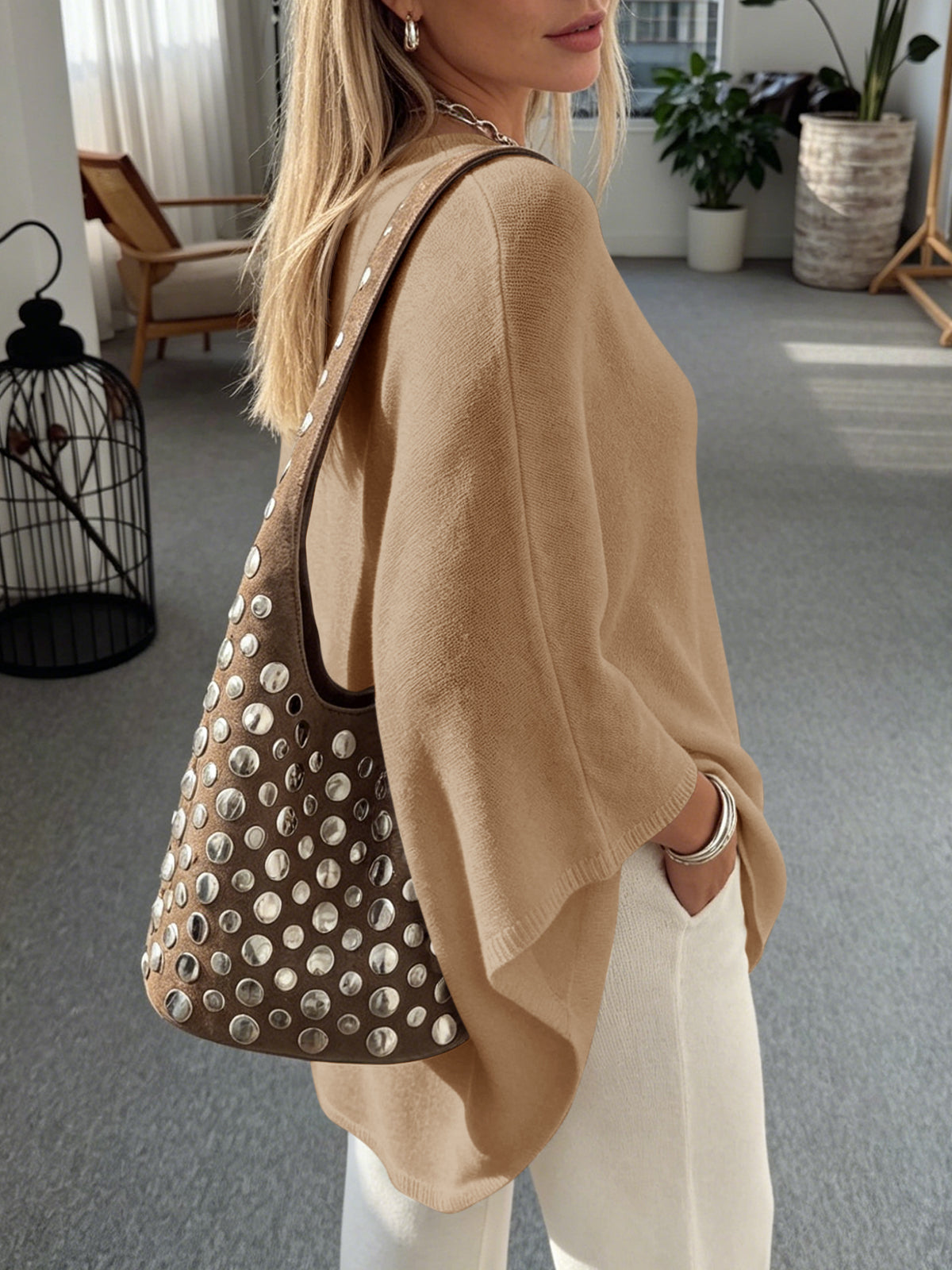 Saodimallsu Women Poncho Boat Neck Knit Sweater