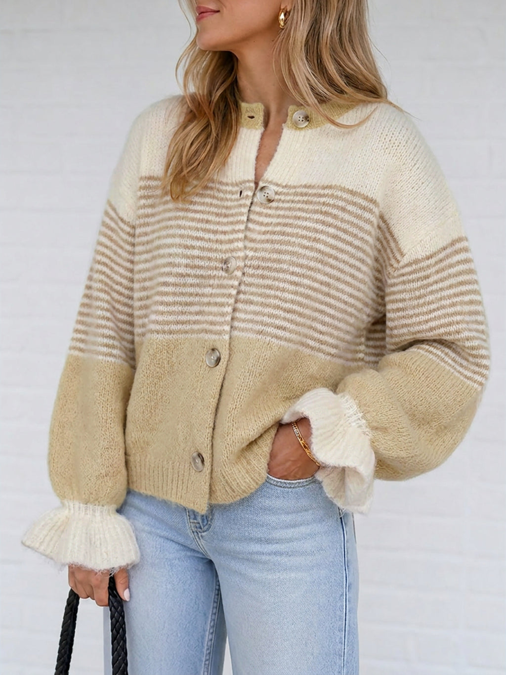 Saodimallsu Womens Striped Ruffle Sleeve Cardigan Coats