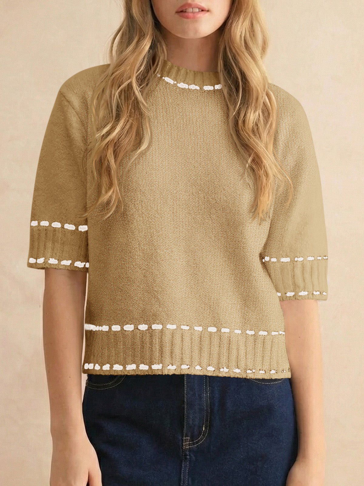 Saodimallsu Womens Cropped Crew Neck Knit Sweater