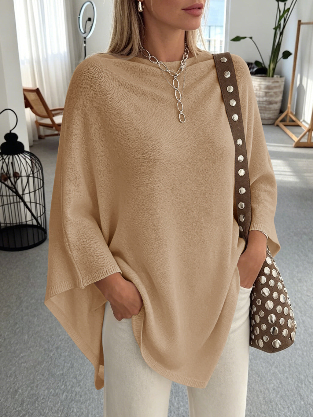 Saodimallsu Women Poncho Boat Neck Knit Sweater