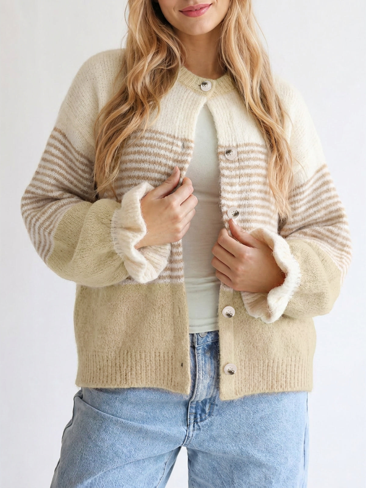 Saodimallsu Womens Striped Ruffle Sleeve Cardigan Coats