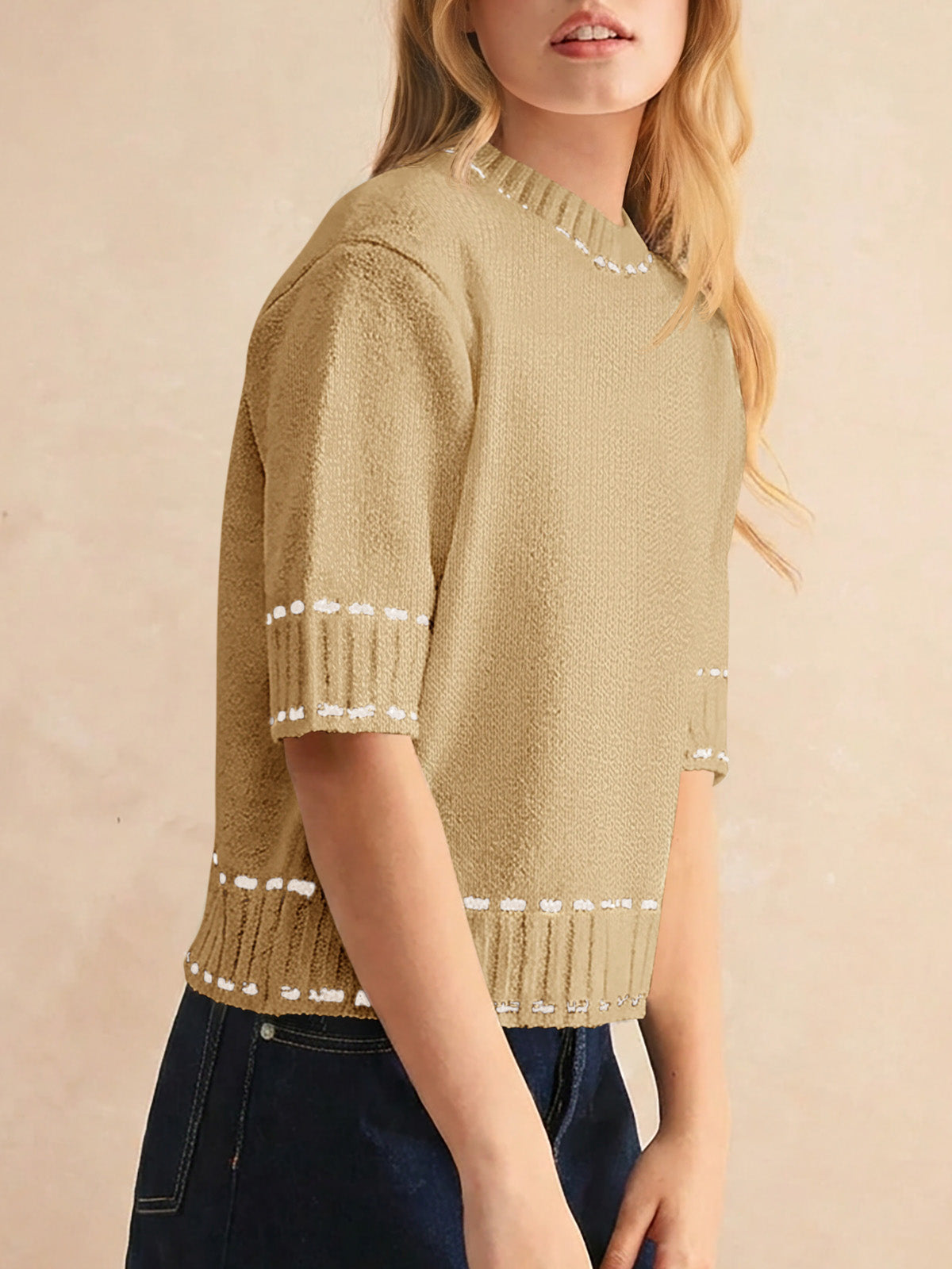 Saodimallsu Womens Cropped Crew Neck Knit Sweater