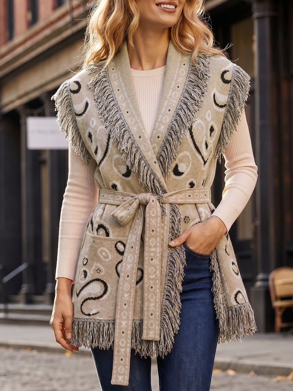 Saodimallsu Women Fringe Knit Cardigan