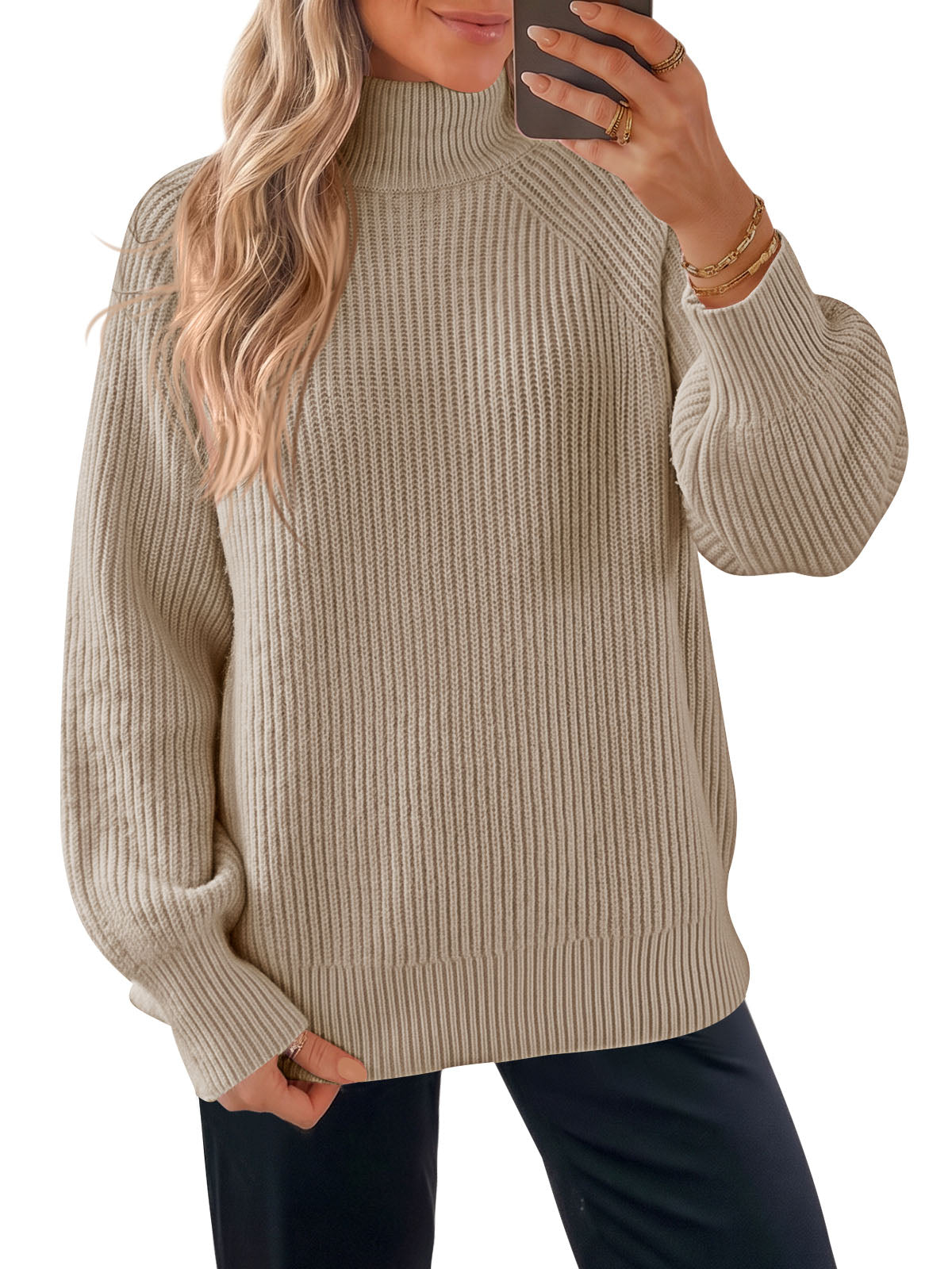 Saodimallsu Womens High Neck Oversized Knit Sweater