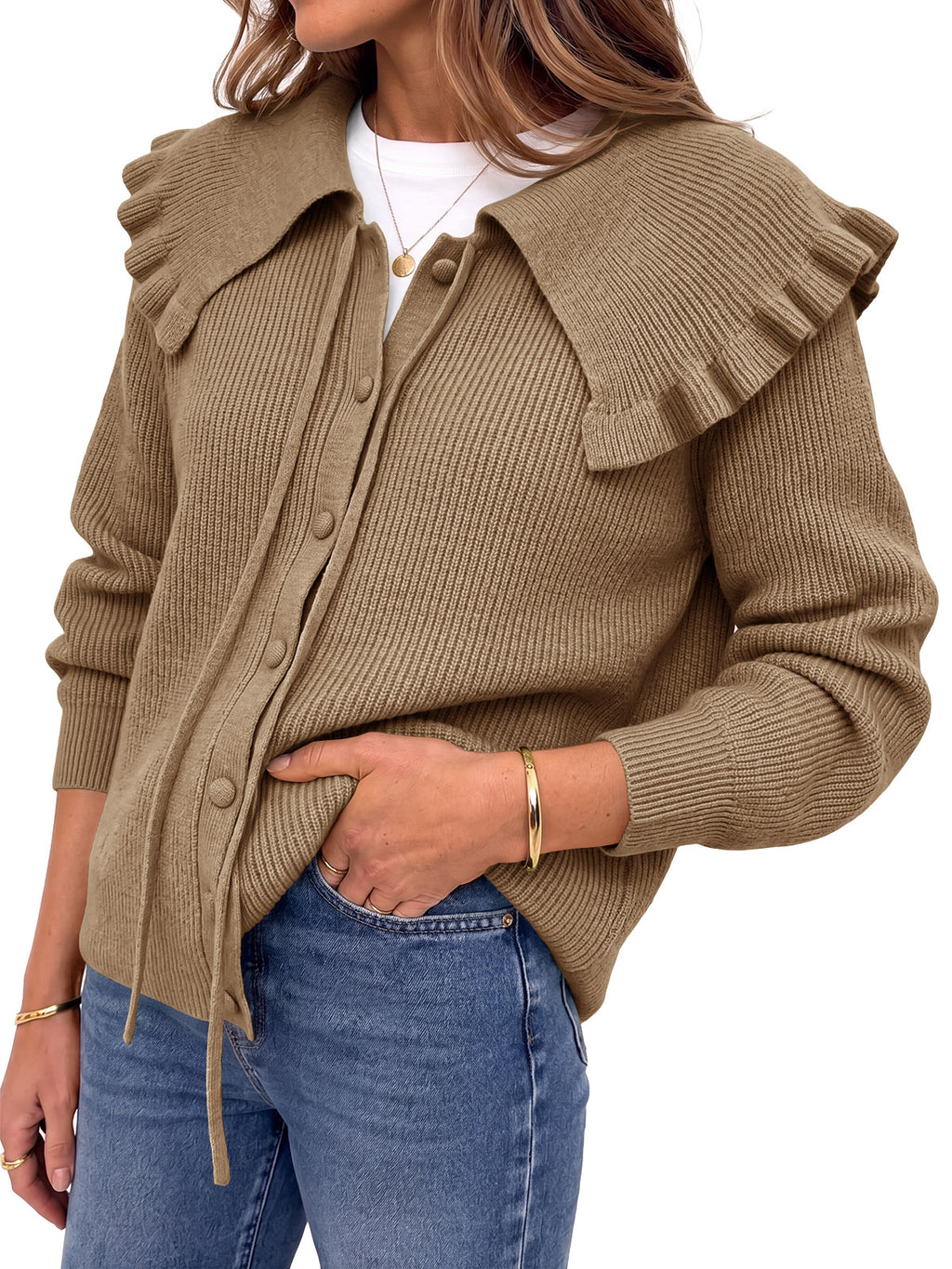 Saodimallsu Women Ruffle Collar Knit Cardigan