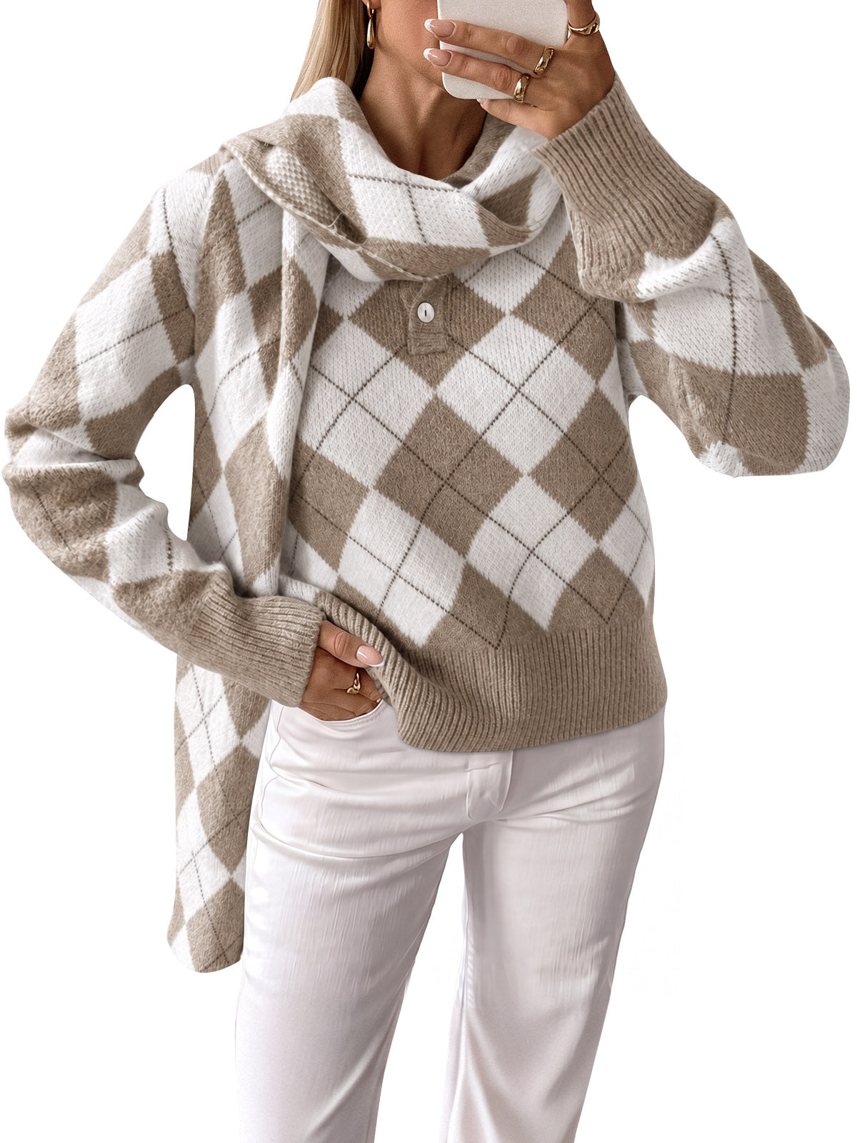 Saodimallsu Womens Argyle Color Block Polo Sweater
