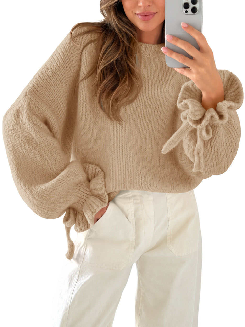 Saodimallsu Women Ruffle Long Sleeve Knit Sweater