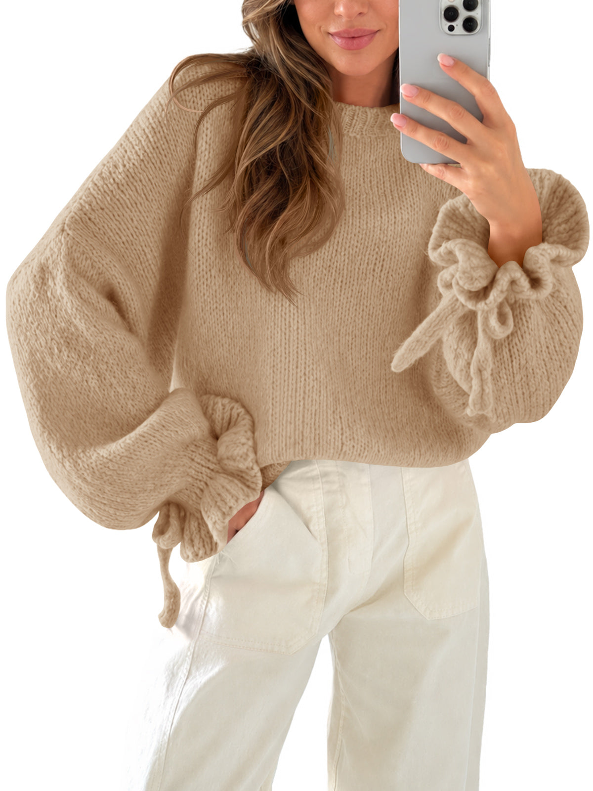 Saodimallsu Women Ruffle Long Sleeve Knit Sweater