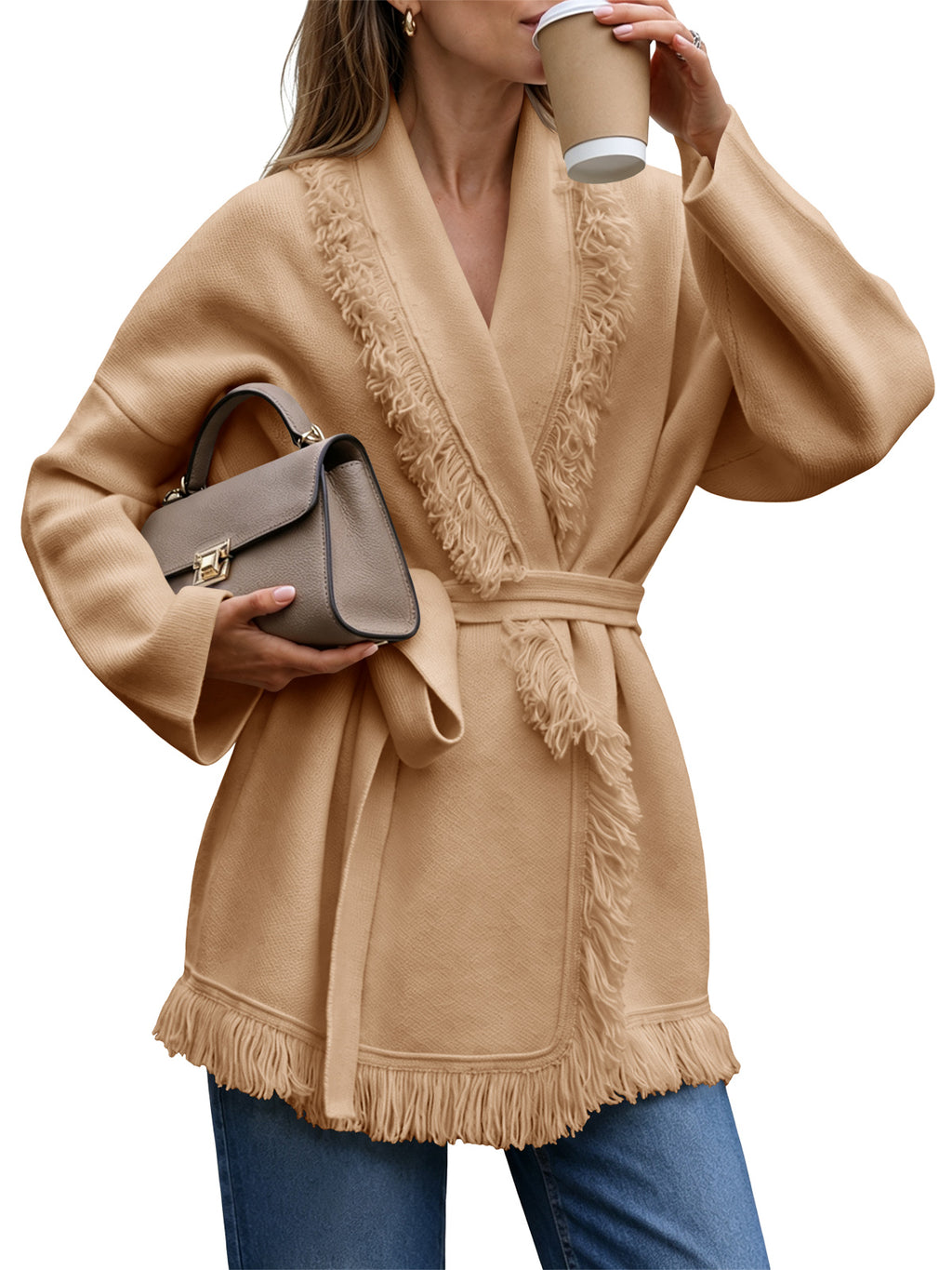 Saodimallsu Womens Tassel Fringe Lapel Cardigan
