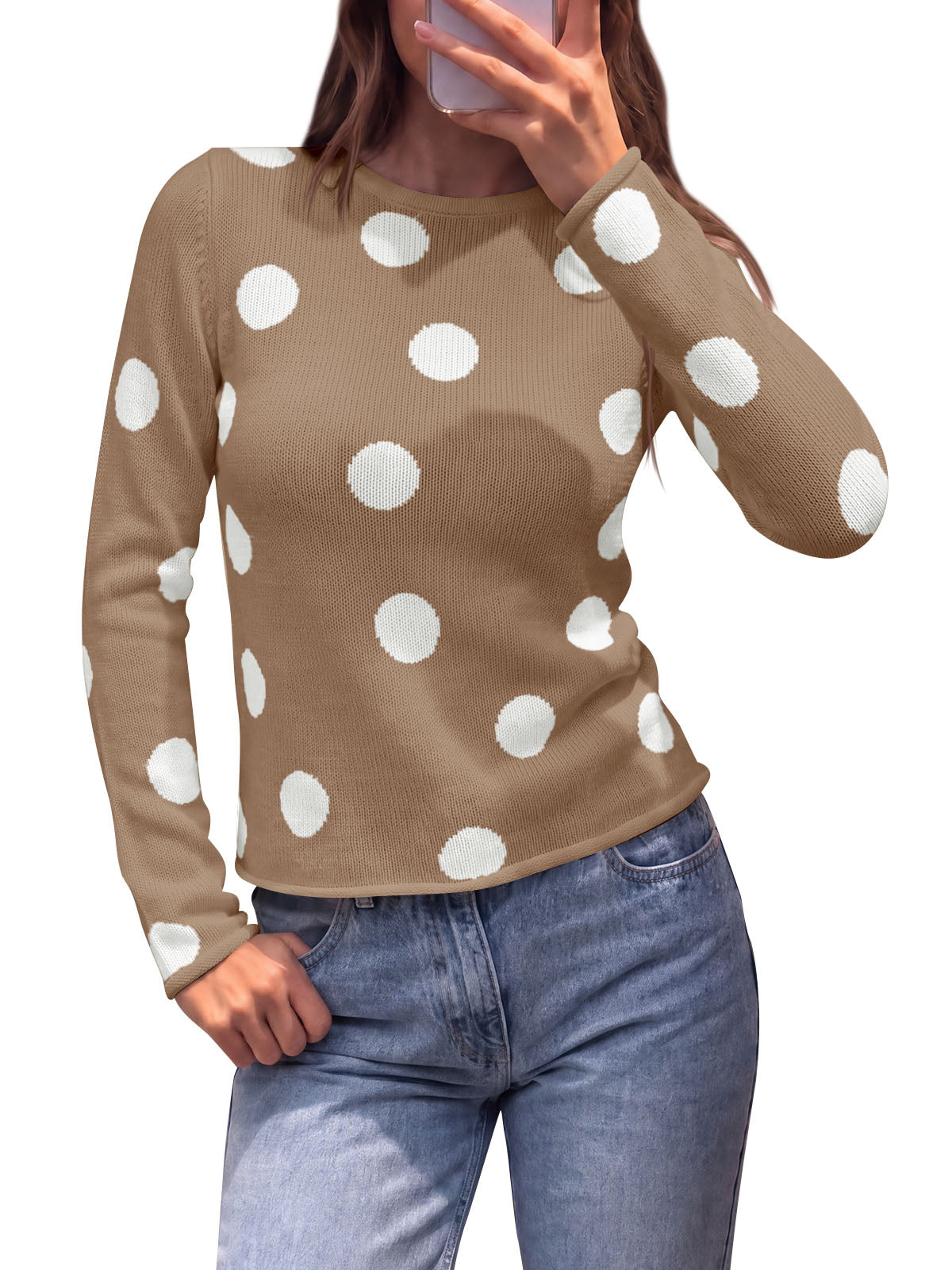 Saodimallsu Womens Polka Dot Long Sleeve Sweater