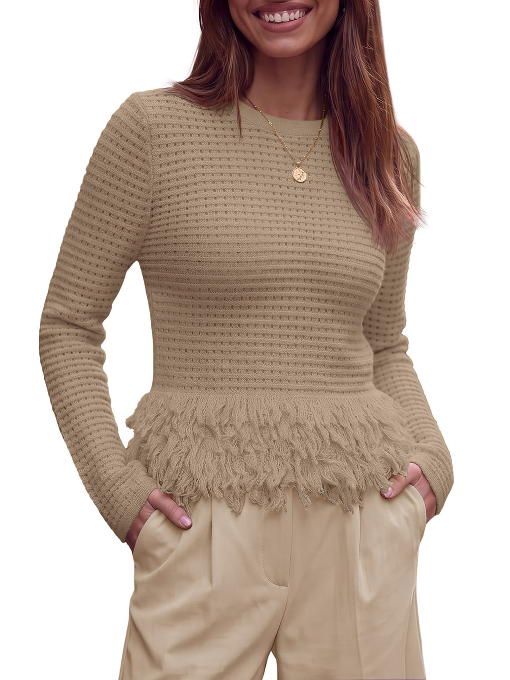 Saodimallsu Womens Crochet Fringe Crew Neck Sweater