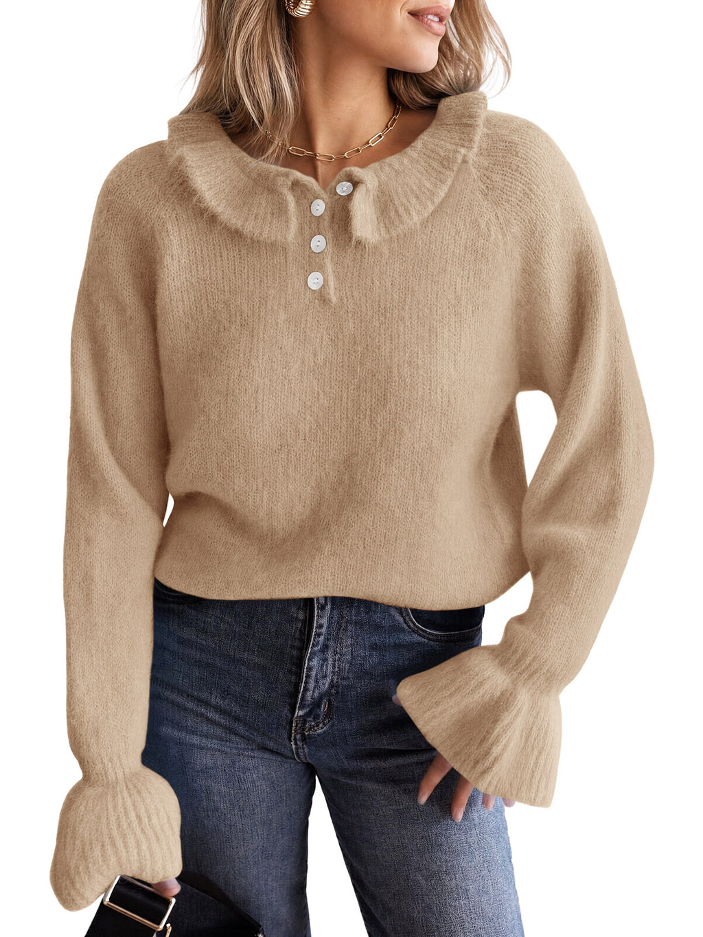 Saodimallsu Women Ruffle Collared Long Sleeve Sweater