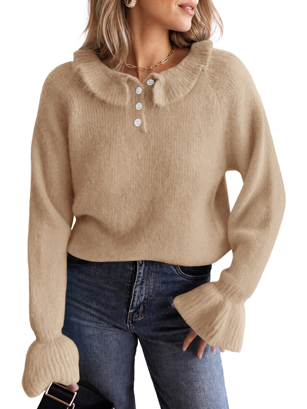 Saodimallsu Women Ruffle Collared Long Sleeve Sweater