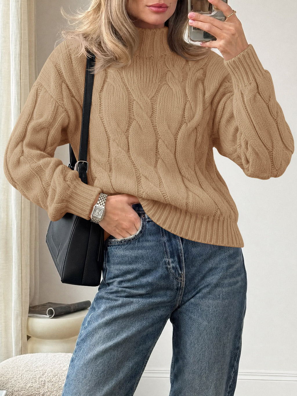 Saodimallsu Womens Mock Neck Cable Knit Sweater