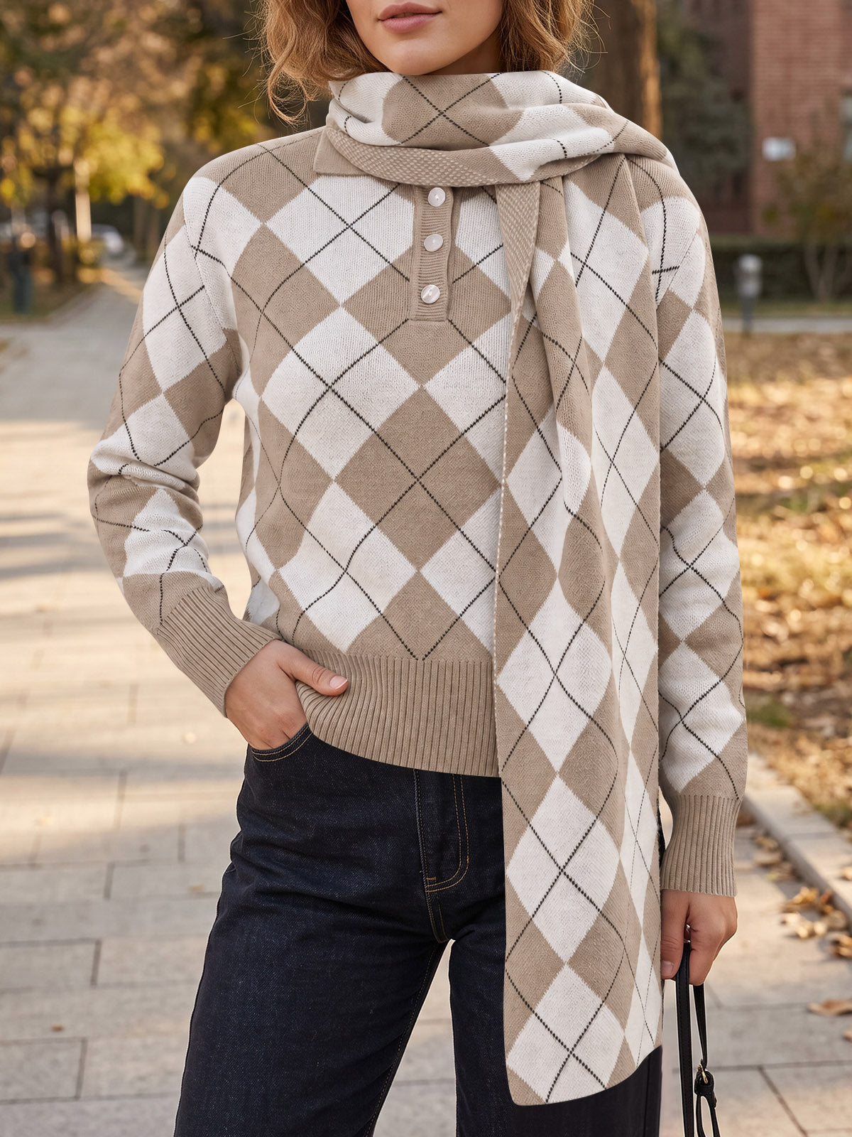 Saodimallsu Womens Argyle Color Block Polo Sweater