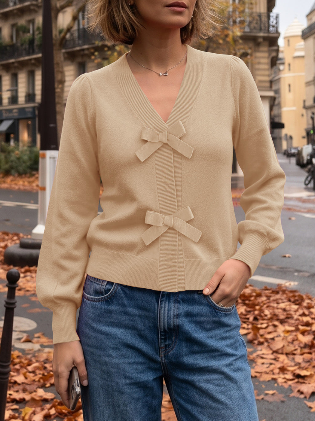 Saodimallsu Women V Neck Bow Knit Cardigan