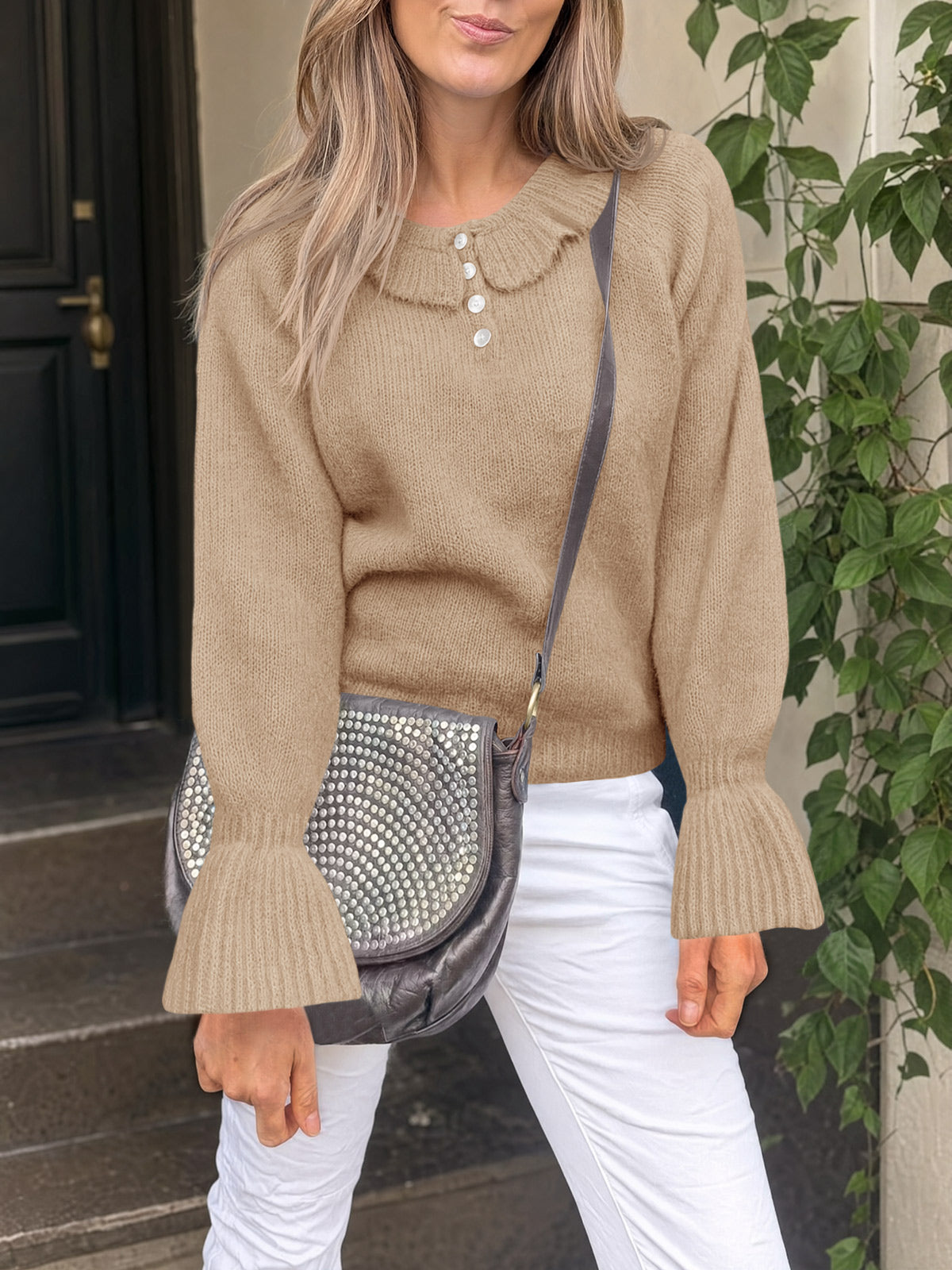 Saodimallsu Women Ruffle Collared Long Sleeve Sweater