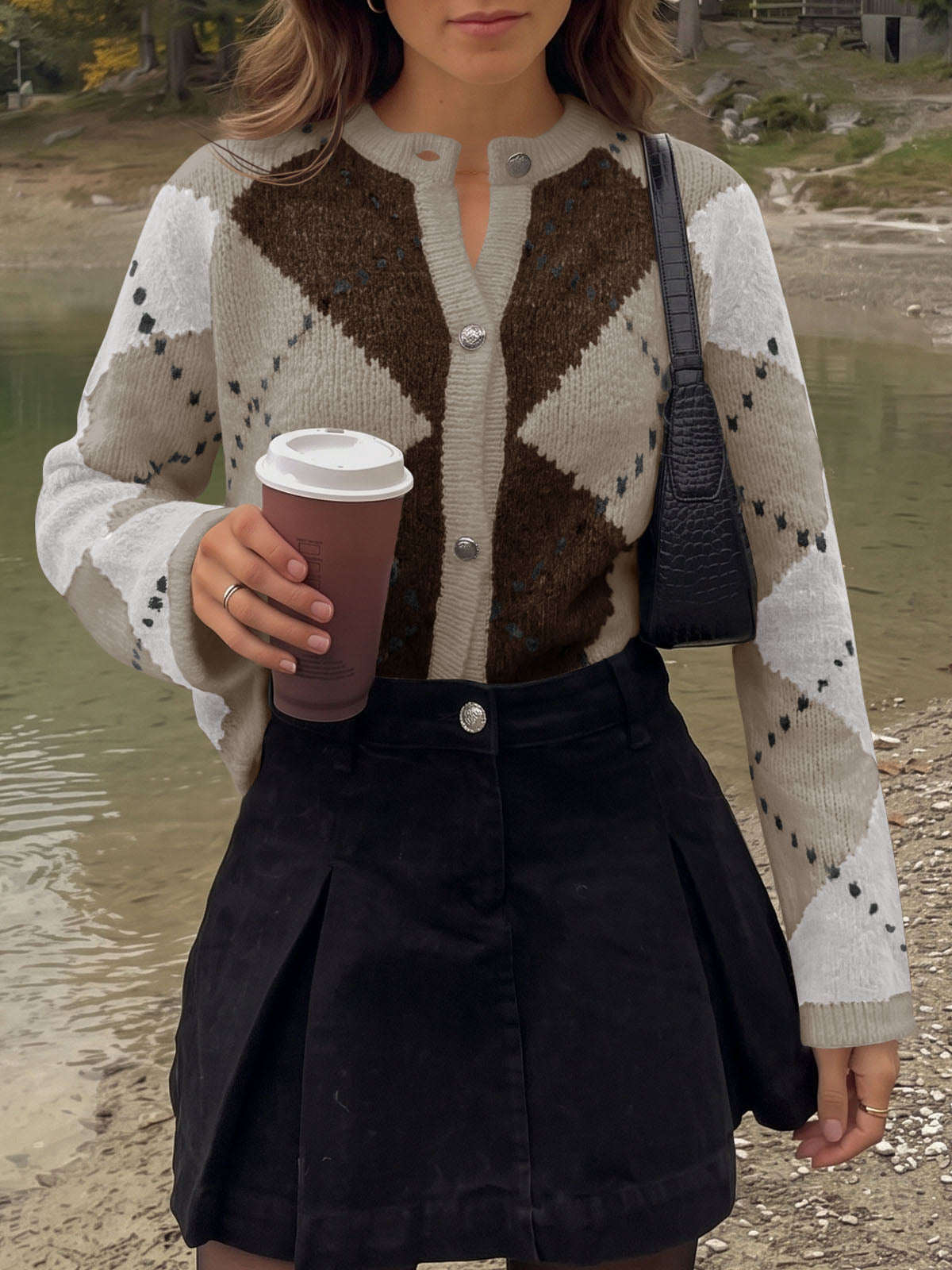 Saodimallsu Womens Argyle Crew Neck Knit Cardigan