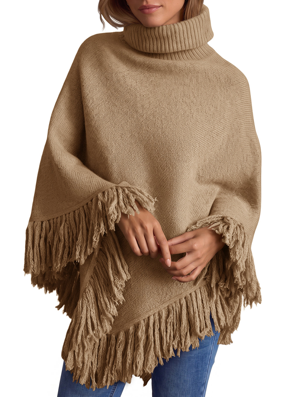 Saodimallsu Womens Fringe Turtleneck Poncho Sweater