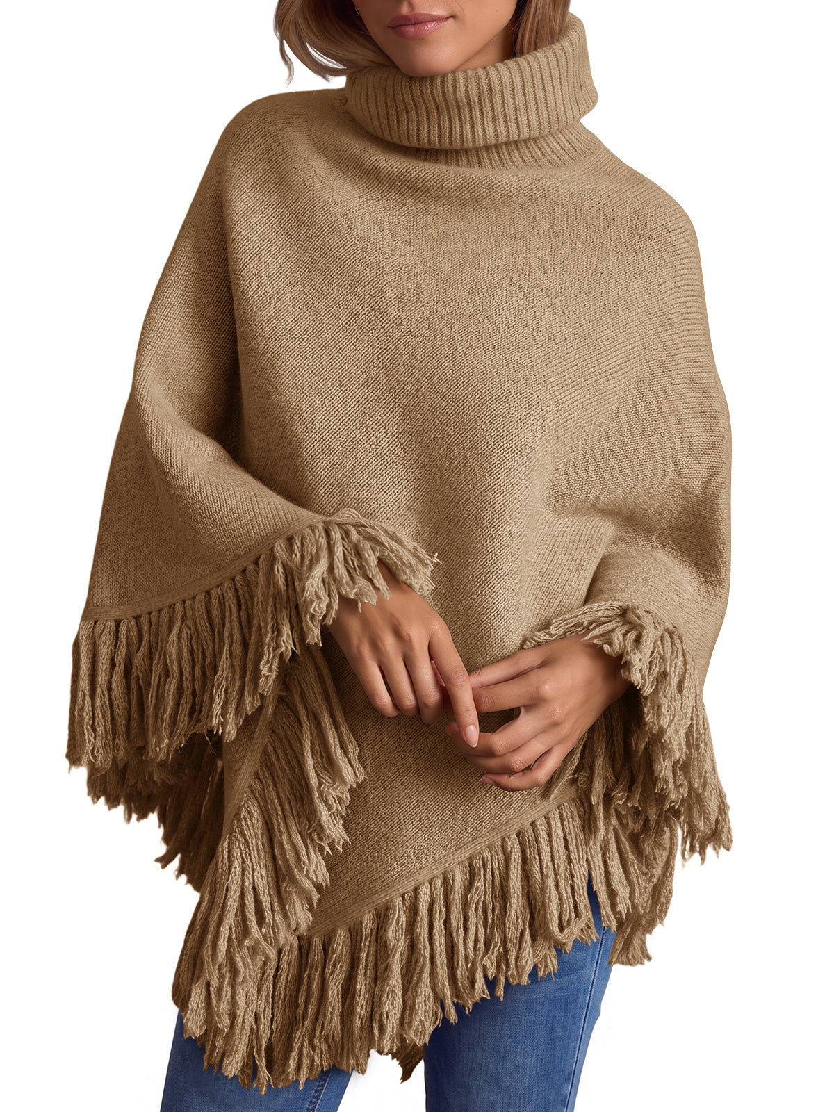 Saodimallsu Womens Fringe Turtleneck Poncho Sweater