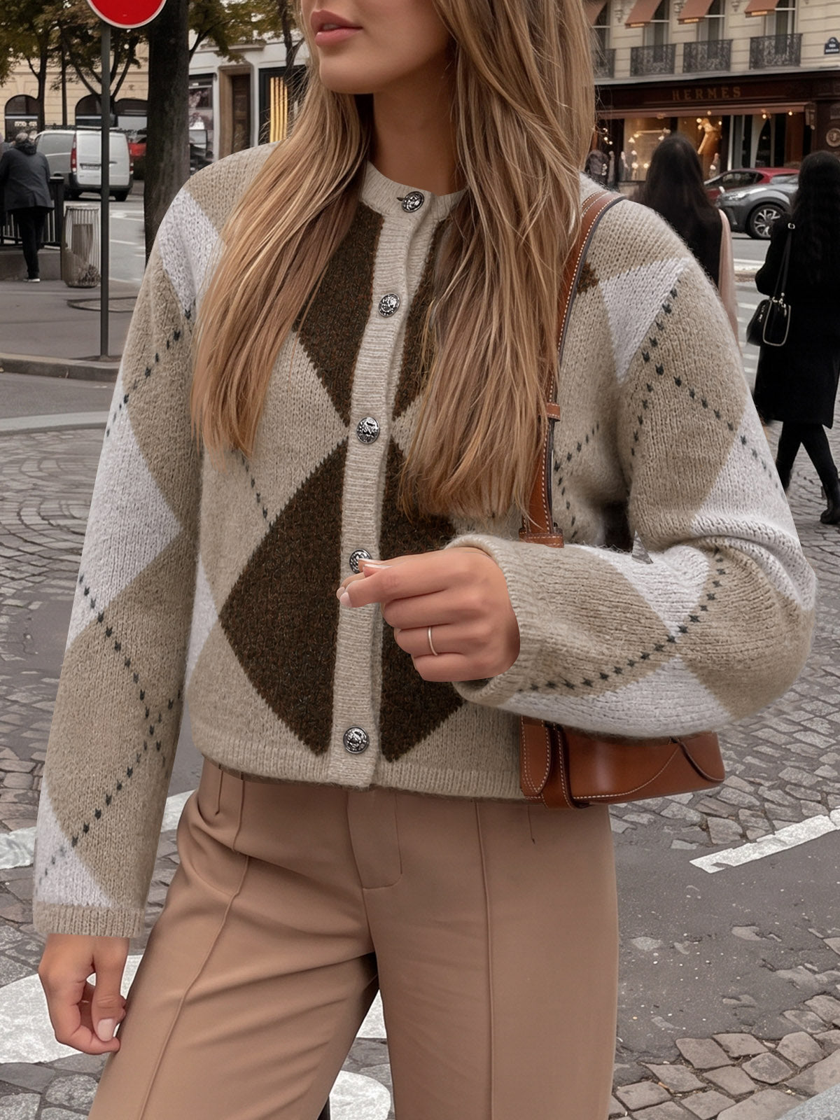Saodimallsu Womens Argyle Crew Neck Knit Cardigan