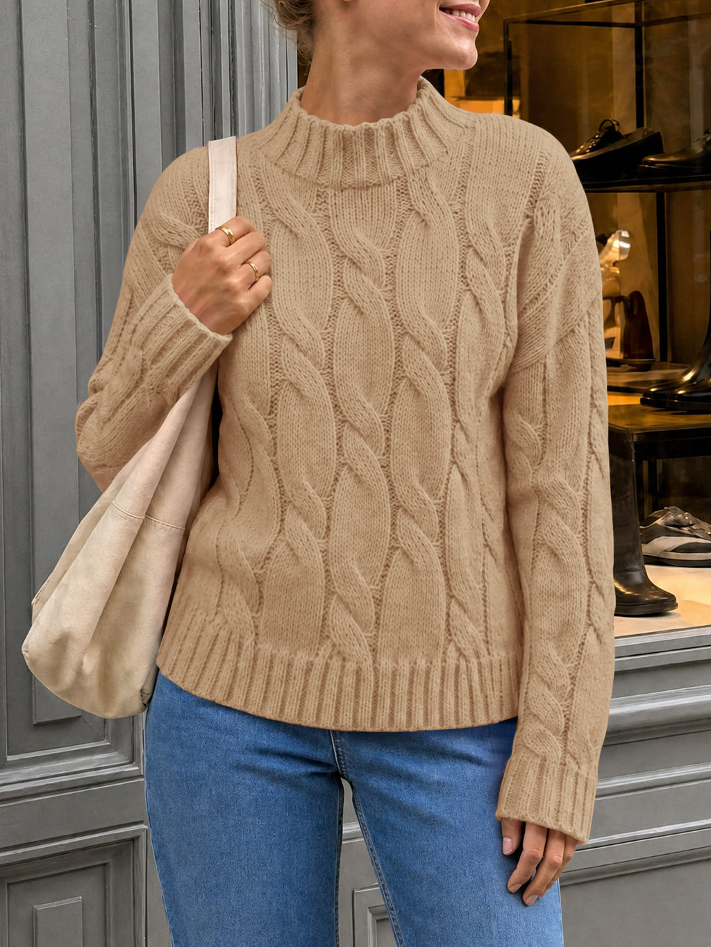 Saodimallsu Womens Mock Neck Cable Knit Sweater