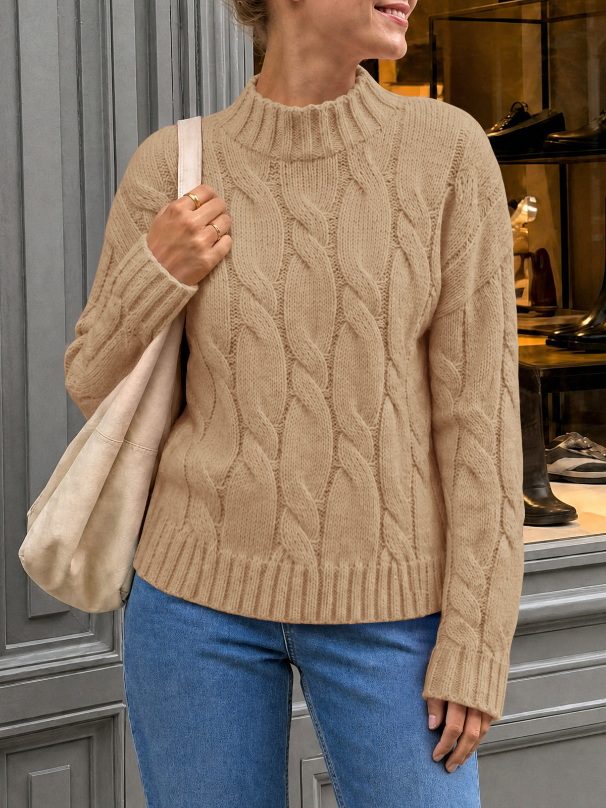 Saodimallsu Womens Mock Neck Cable Knit Sweater