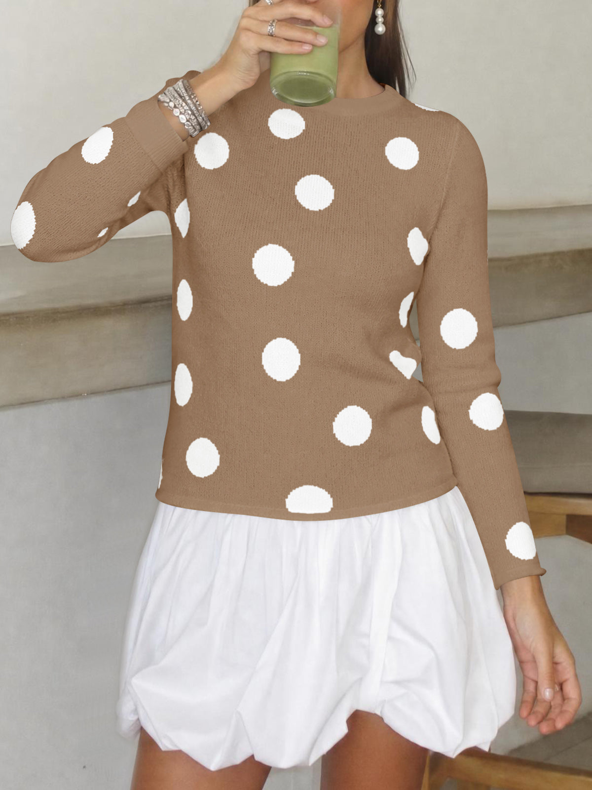 Saodimallsu Womens Polka Dot Long Sleeve Sweater