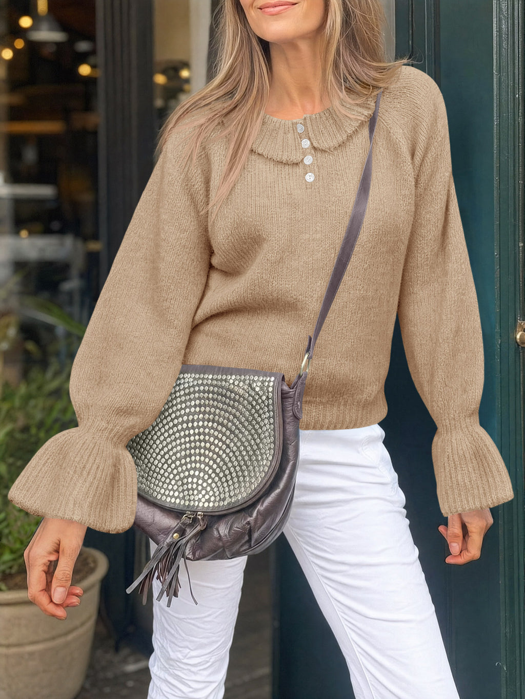 Saodimallsu Women Ruffle Collared Long Sleeve Sweater
