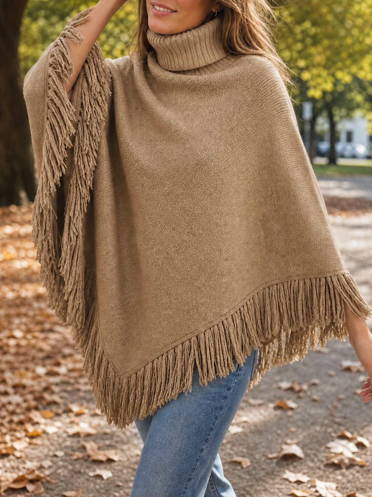 Saodimallsu Womens Fringe Turtleneck Poncho Sweater