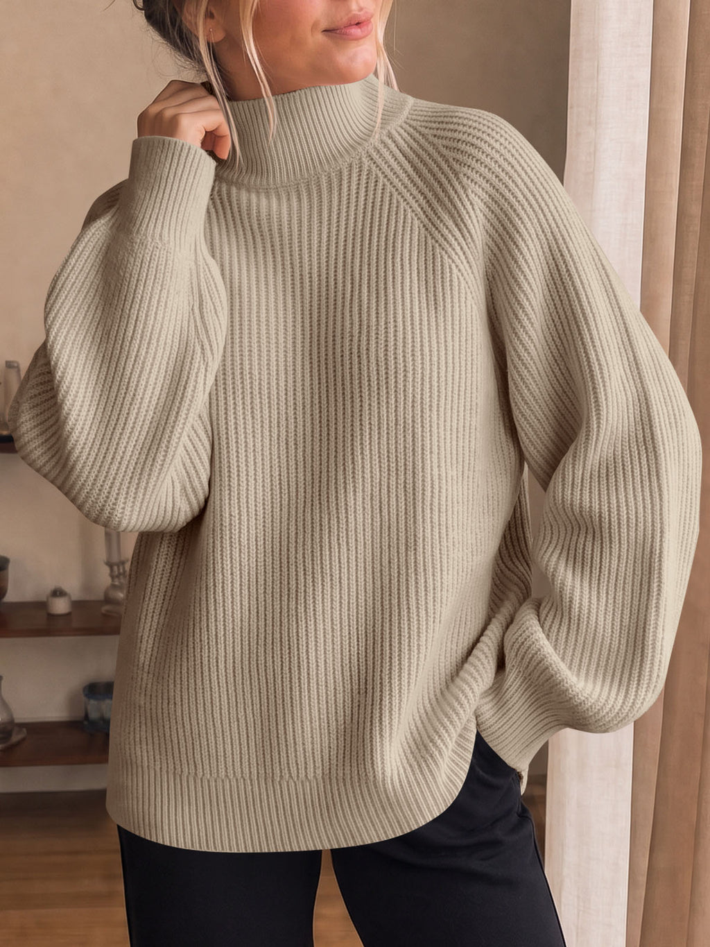Saodimallsu Womens High Neck Oversized Knit Sweater