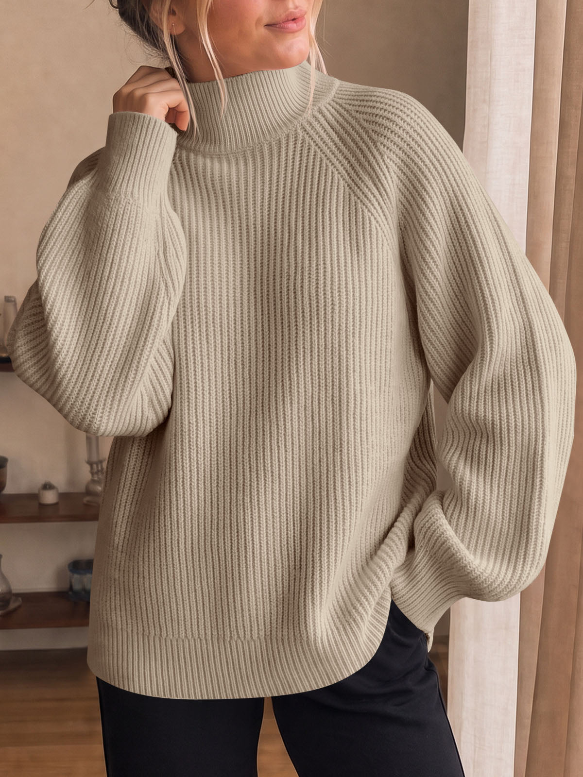 Saodimallsu Womens High Neck Oversized Knit Sweater