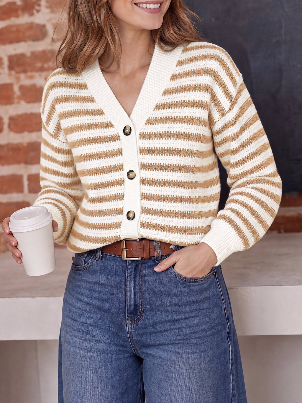 Saodimallsu Womens Striped V Neck Cardigan