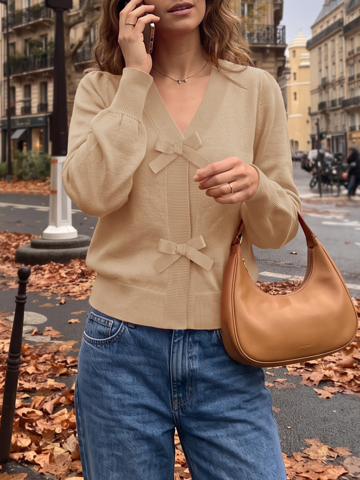 Saodimallsu Women V Neck Bow Knit Cardigan